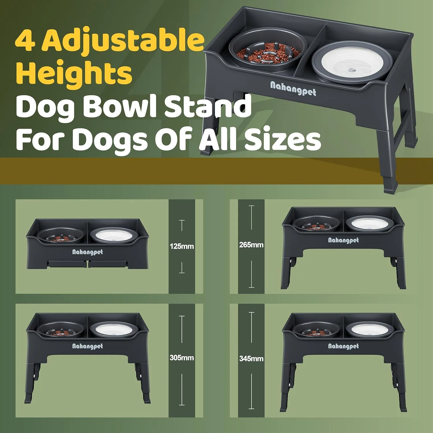 2-in-1 Elevated Dog Bowls, Mess-Proof Slow Feeder with No-Spill Water Bowl, 4 Height Adjustable, 2 Combination Options, Raised Bowl for Small, Medium & Large Dogs (Grey)