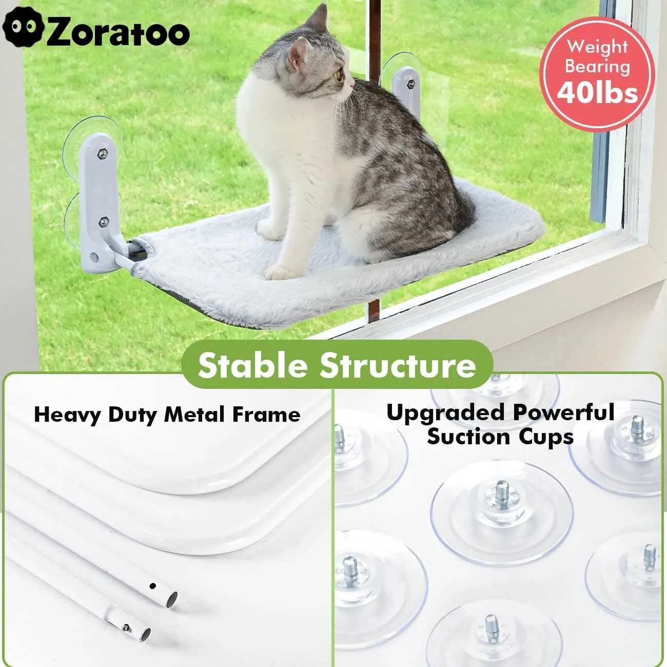 2PC Cat Window Perch Cordless Foldable Cat Hammock Bed for Window with Metal Frame and Reversible Cover, Large Suction Cups Window Resting Seat for Indoor Cats (Cat Bed, L-2PC)