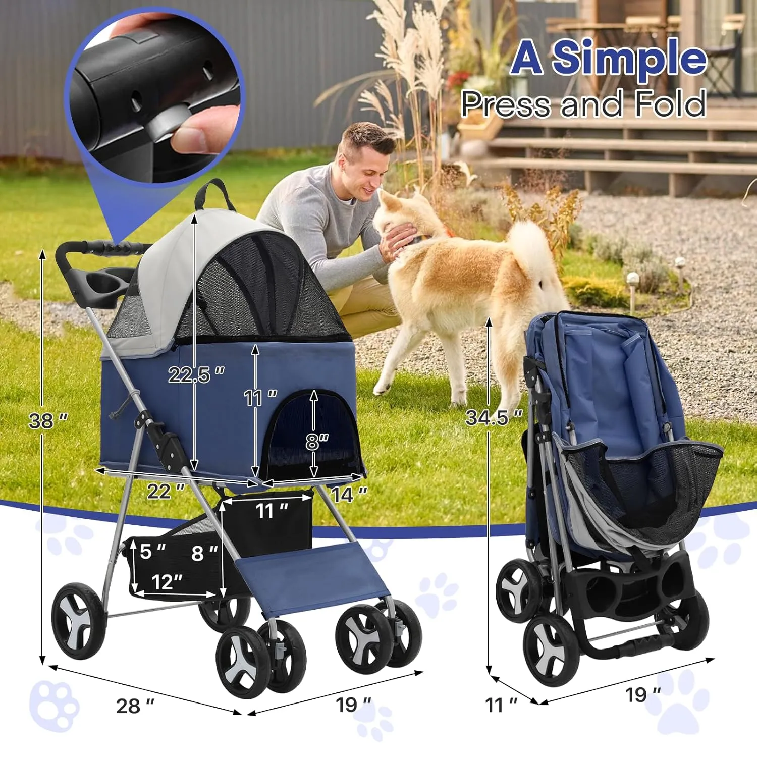 3-in-1 Visible Foldable Pet Carrier, Detachable Car Seat and Stroller with Push Button Entry for Small Pets, Cat Dog Carrier for Medium Dogs Cats Load Up to 33 lbs, Navy Blue