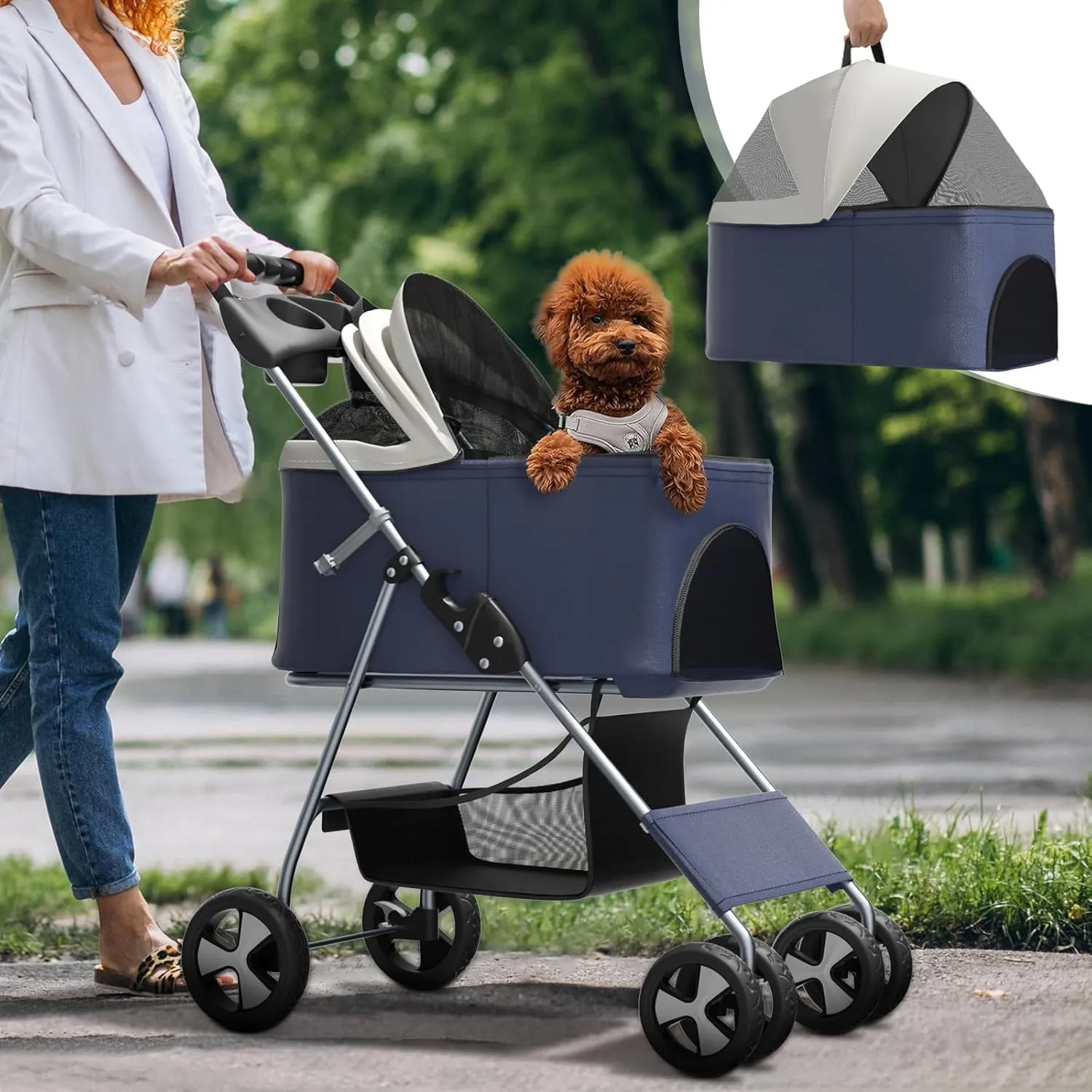 3-in-1 Visible Foldable Pet Carrier, Detachable Car Seat and Stroller with Push Button Entry for Small Pets, Cat Dog Carrier for Medium Dogs Cats Load Up to 33 lbs, Navy Blue
