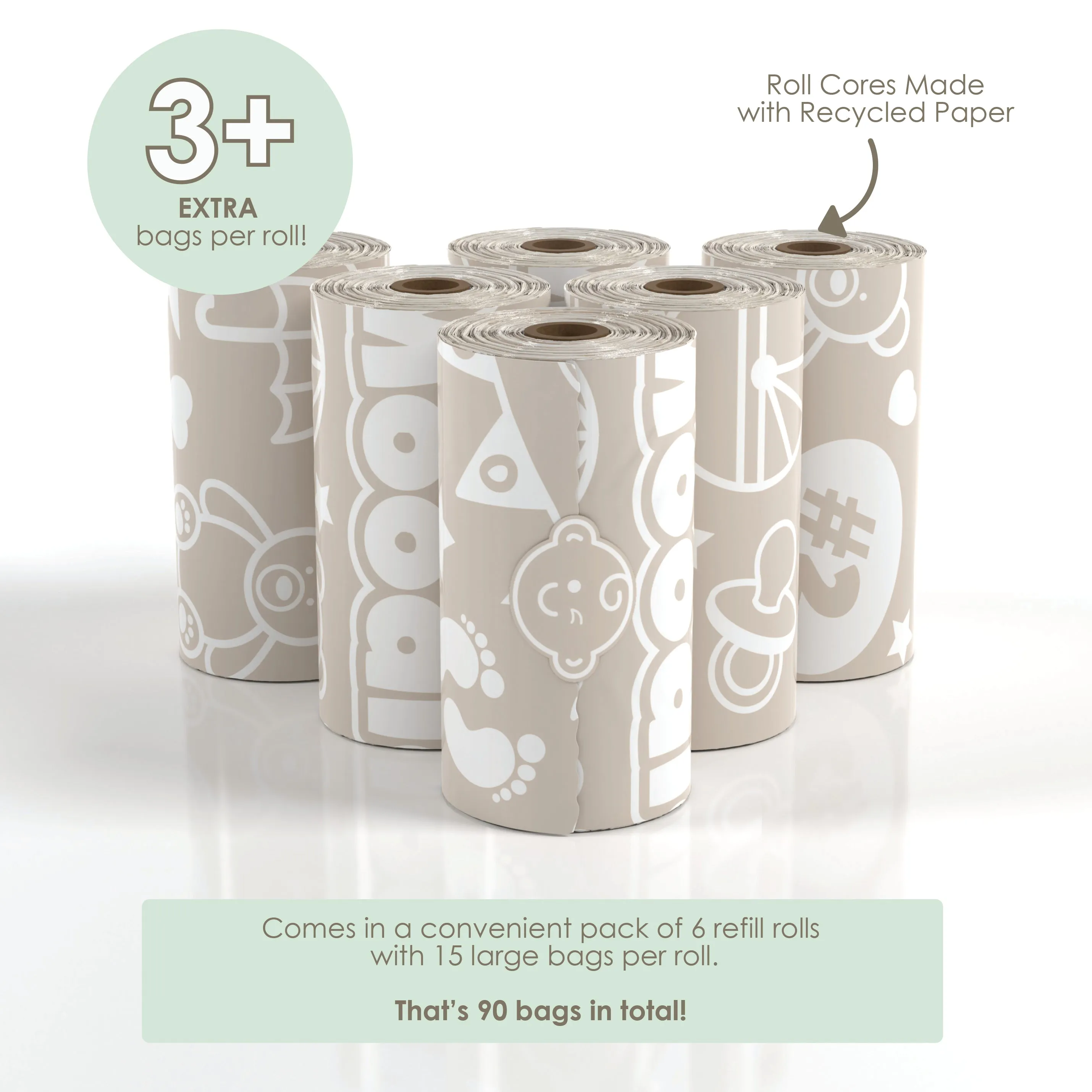 Baby Disposable Diaper Bags |  UNSCENTED - 6 Roll Refill Pack