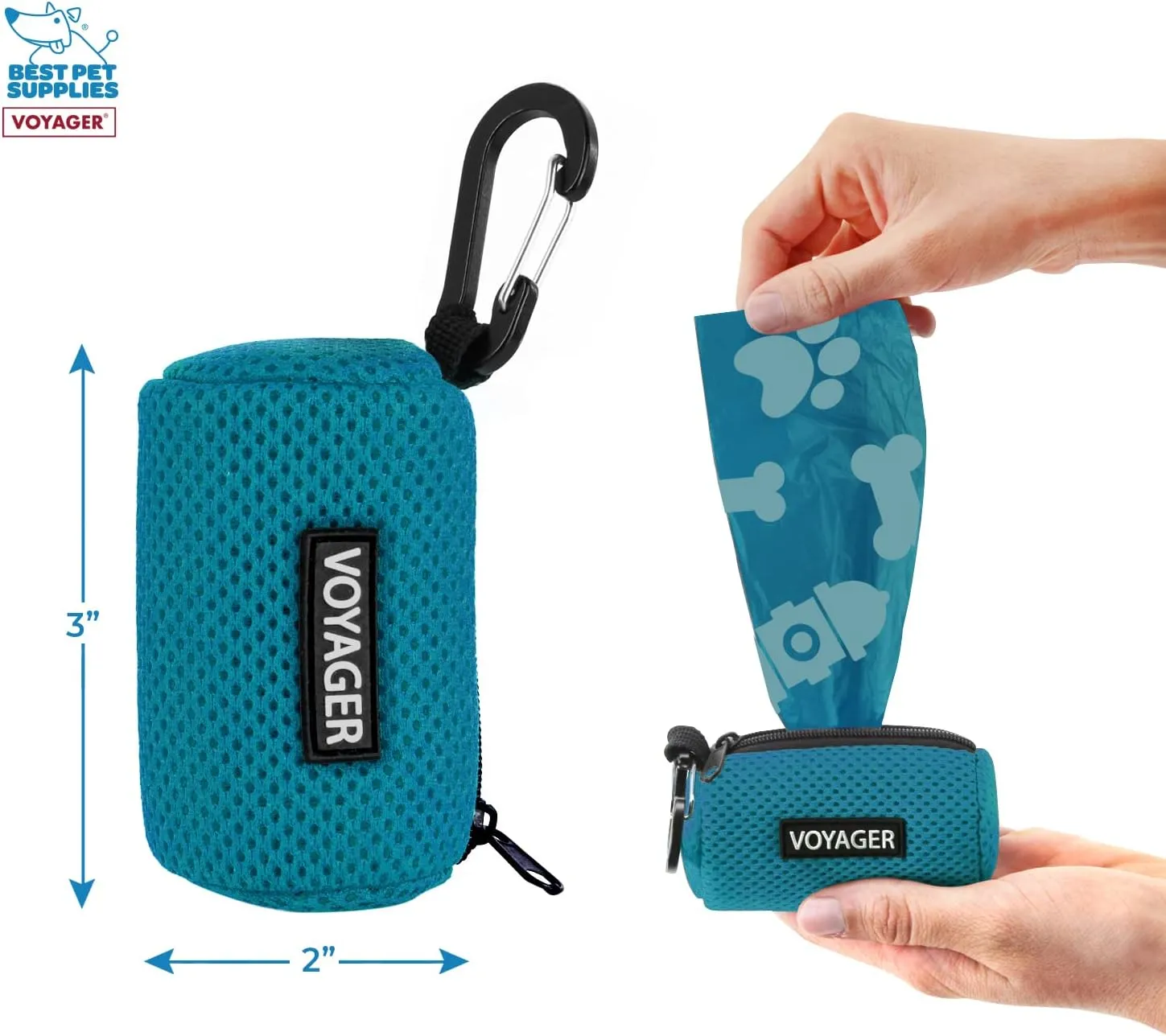 Best Pet Supplies Dog Poop Bag Holder Leash Attachment with 15 Bags, Turquoise, Reusable Mesh Dispenser Pouch for Travel, Walking, Park, and Outdoor Use, Soft and Durable with Clip-On