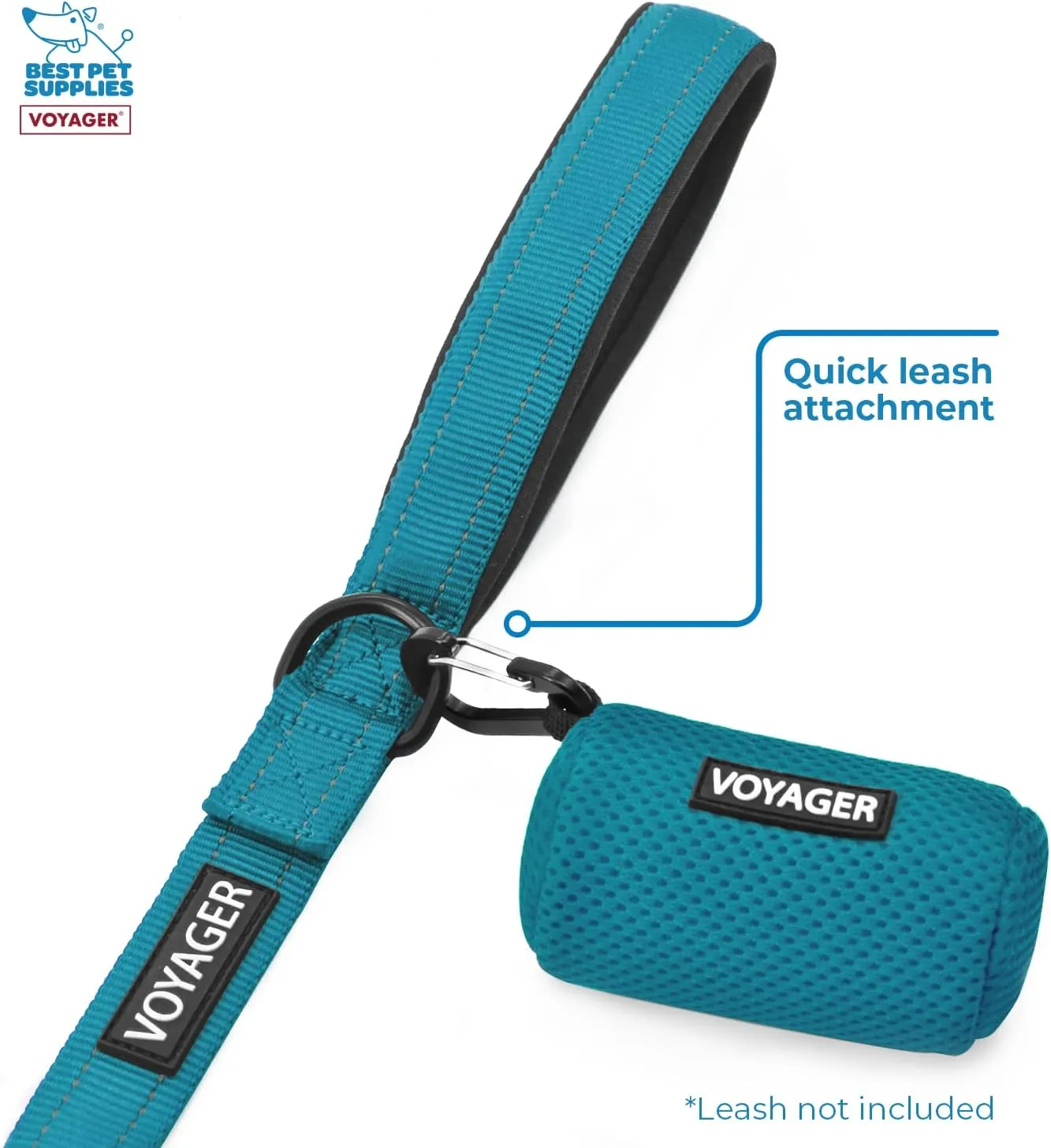 Best Pet Supplies Dog Poop Bag Holder Leash Attachment with 15 Bags, Turquoise, Reusable Mesh Dispenser Pouch for Travel, Walking, Park, and Outdoor Use, Soft and Durable with Clip-On