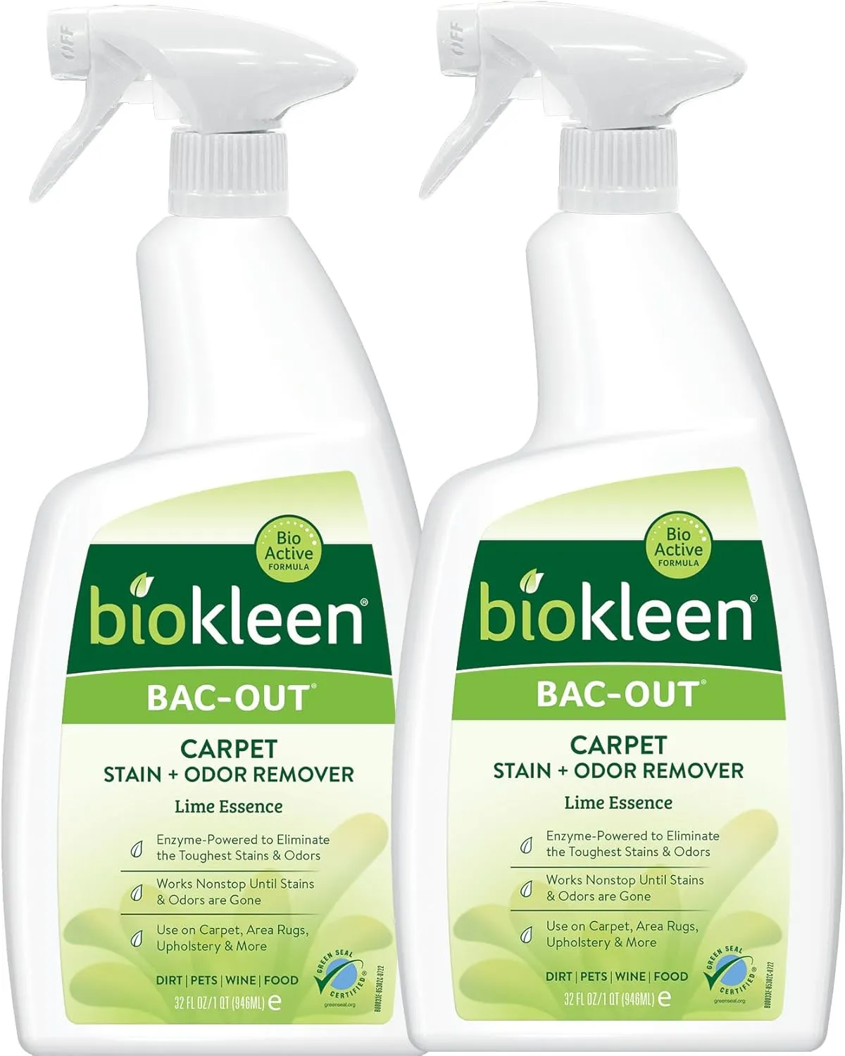 Biokleen Bac-Out Carpet Cleaner Spray, Stain Remover and Odor Eliminator, Use on Area Rugs, Upholstery & More, Removes Dirt, Pets, Wine & Food, Lime Scent, 32 oz, 2 Pack