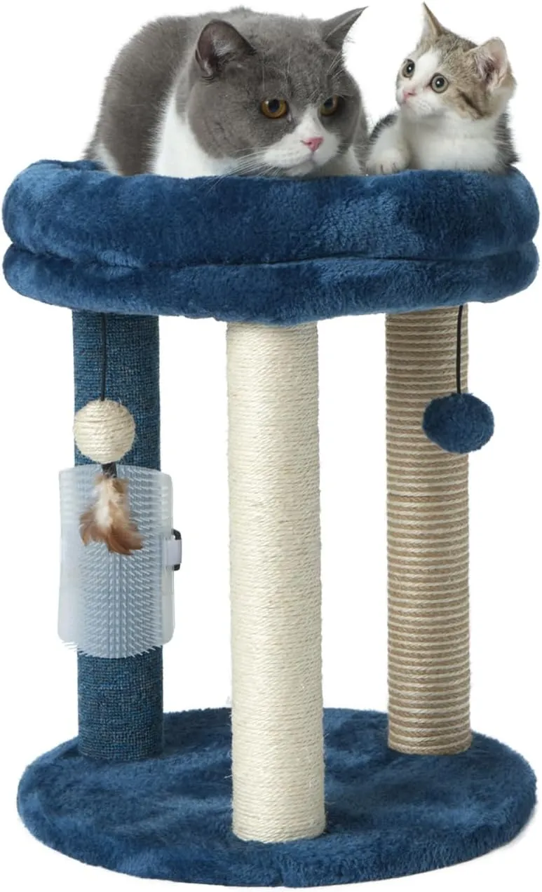 Cat Scratching Post Tree with Tower Soft Bed.Natural Quality Sisal Carpet Jute Scratch Posts with Three Hanging Ball Toys and Massage Brush for Indoor Cats and Kittens Blue