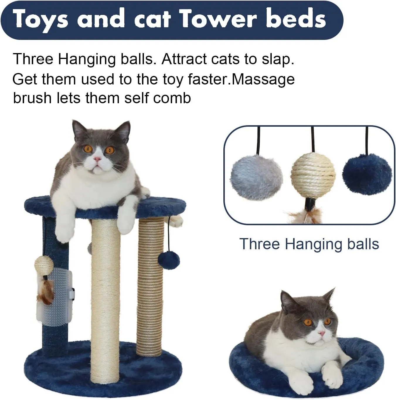 Cat Scratching Post Tree with Tower Soft Bed.Natural Quality Sisal Carpet Jute Scratch Posts with Three Hanging Ball Toys and Massage Brush for Indoor Cats and Kittens Blue