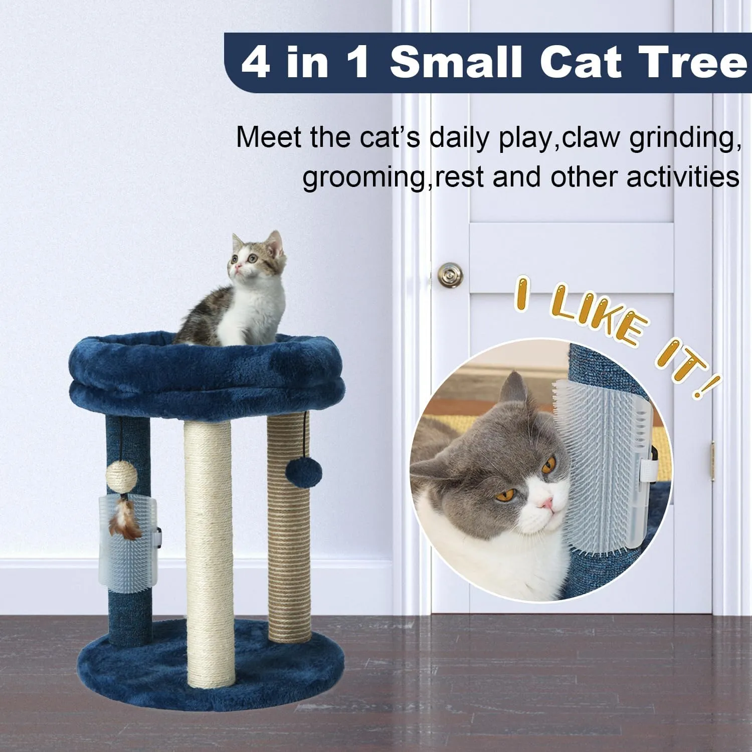 Cat Scratching Post Tree with Tower Soft Bed.Natural Quality Sisal Carpet Jute Scratch Posts with Three Hanging Ball Toys and Massage Brush for Indoor Cats and Kittens Blue