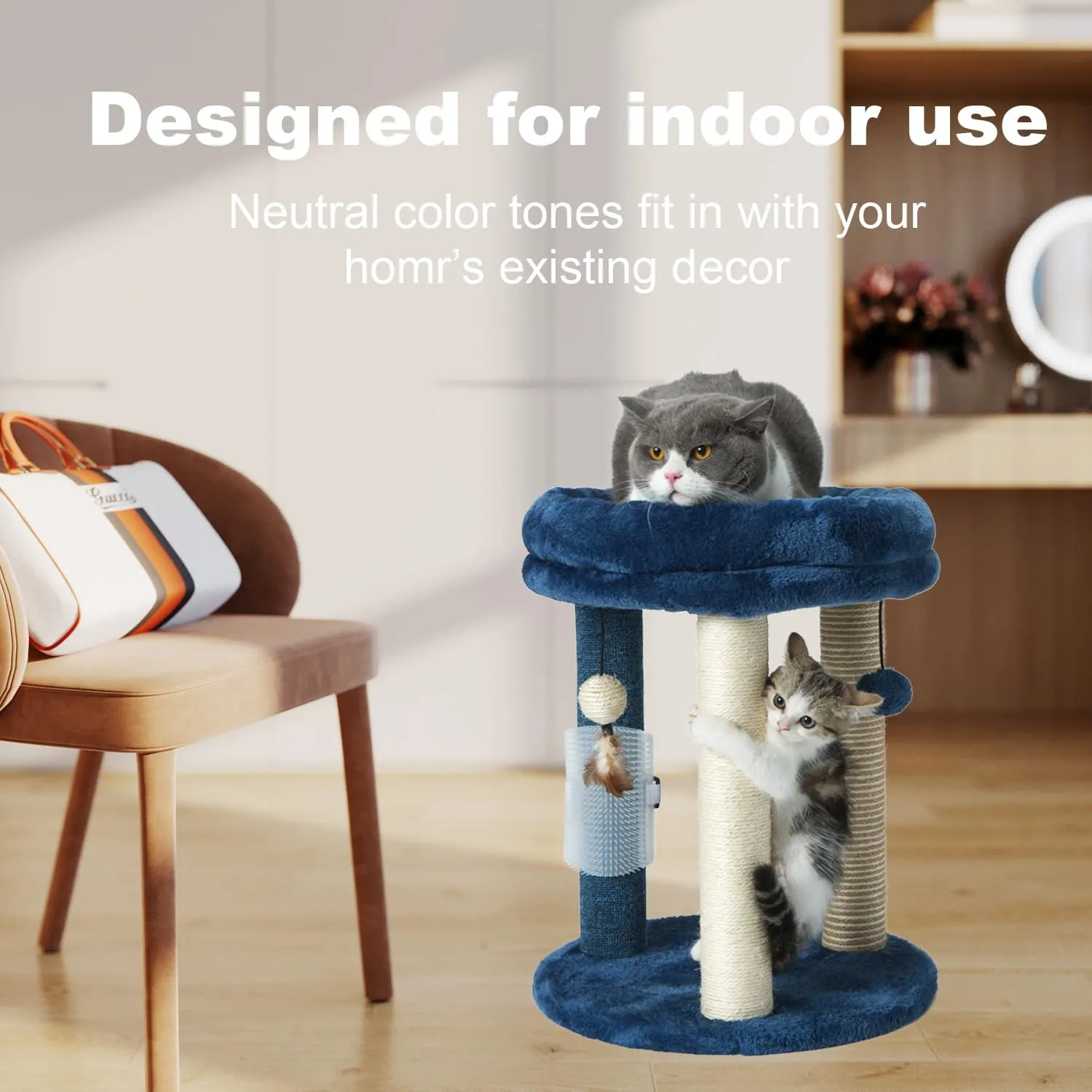 Cat Scratching Post Tree with Tower Soft Bed.Natural Quality Sisal Carpet Jute Scratch Posts with Three Hanging Ball Toys and Massage Brush for Indoor Cats and Kittens Blue