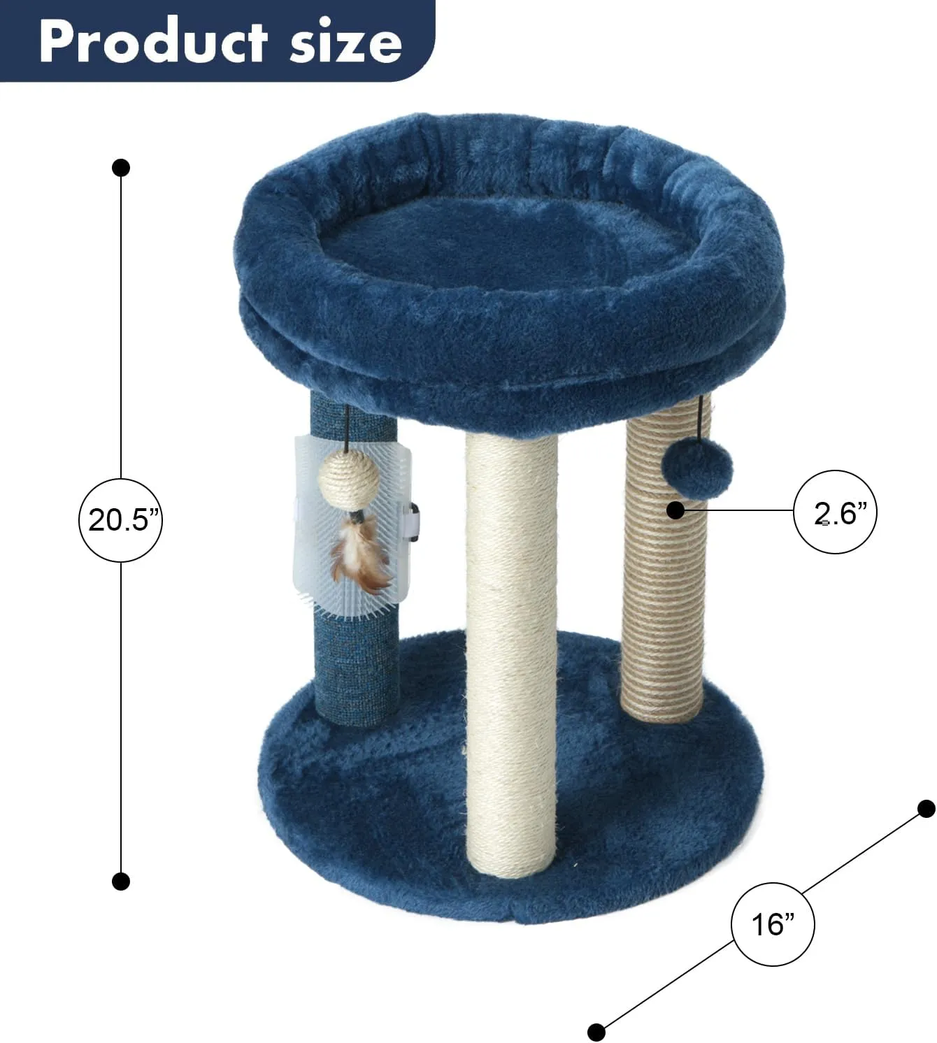 Cat Scratching Post Tree with Tower Soft Bed.Natural Quality Sisal Carpet Jute Scratch Posts with Three Hanging Ball Toys and Massage Brush for Indoor Cats and Kittens Blue