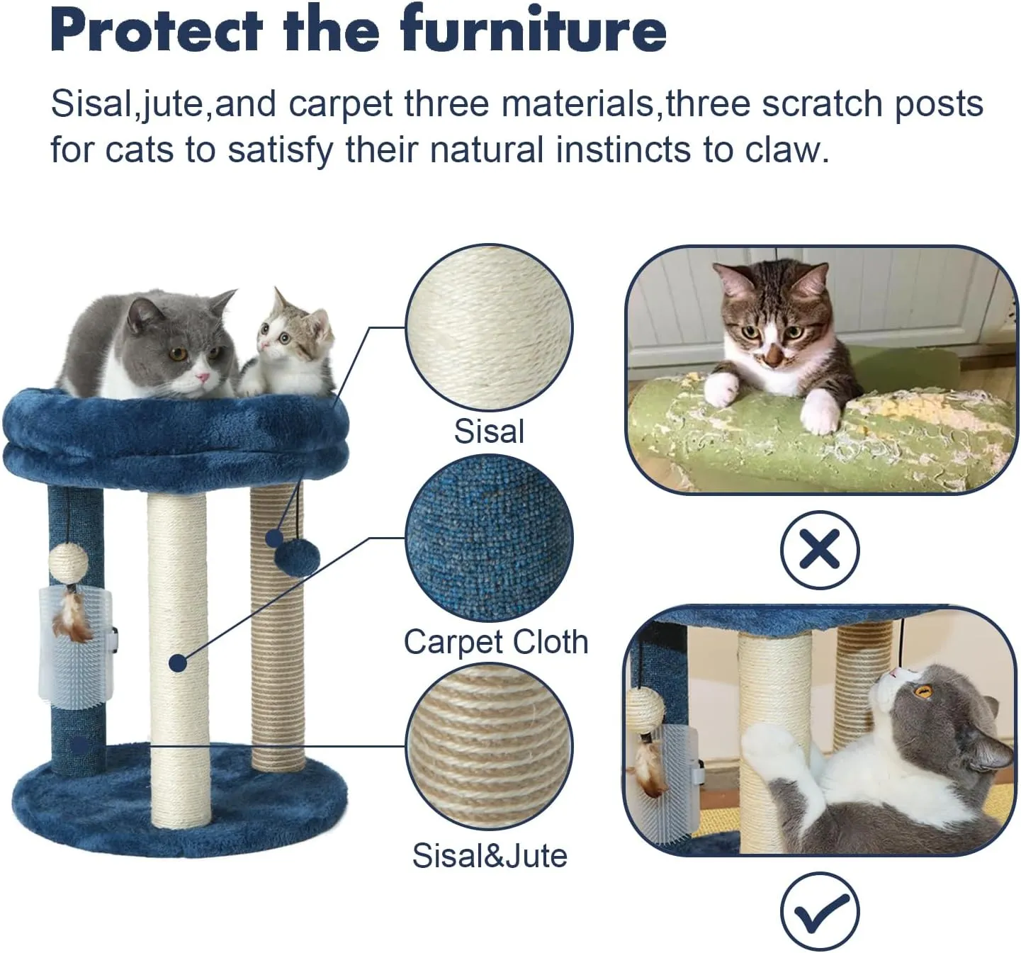 Cat Scratching Post Tree with Tower Soft Bed.Natural Quality Sisal Carpet Jute Scratch Posts with Three Hanging Ball Toys and Massage Brush for Indoor Cats and Kittens Blue