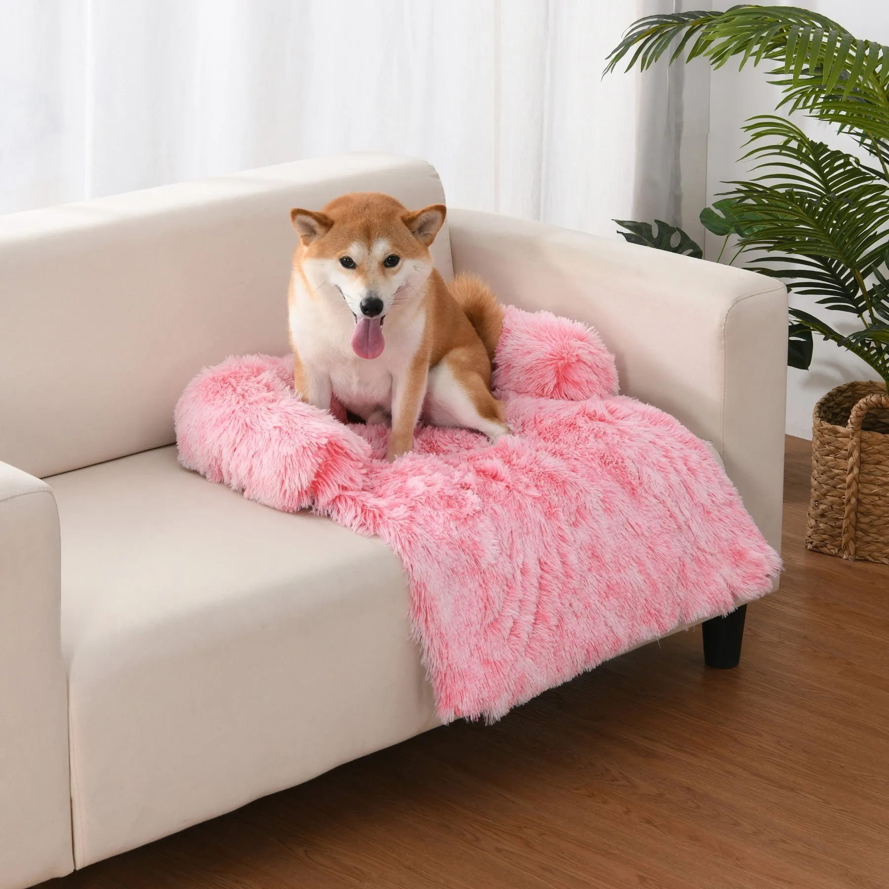 Charlie's Shaggy Faux Fur Bolster Sofa Protector Calming Dog Bed Ombre Pink Small