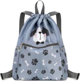 Children Boy Girl Dog Print Drawstring Backpack Outdoor Casaul Portable Shoulder Bag Swim Gymsack Sack Pack Grey