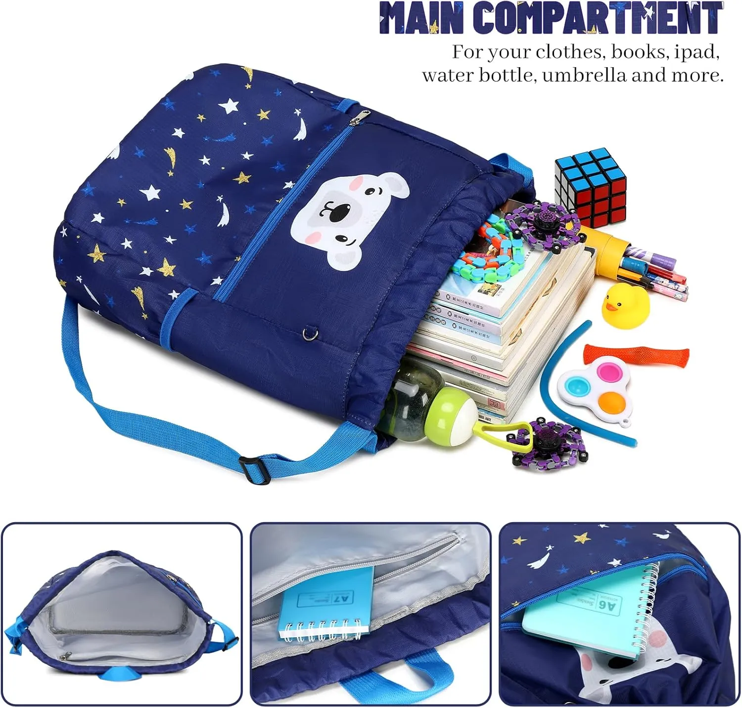 Children Boy Girl Dog Print Drawstring Backpack Outdoor Casaul Portable Shoulder Bag Swim Gymsack Sack Pack Grey