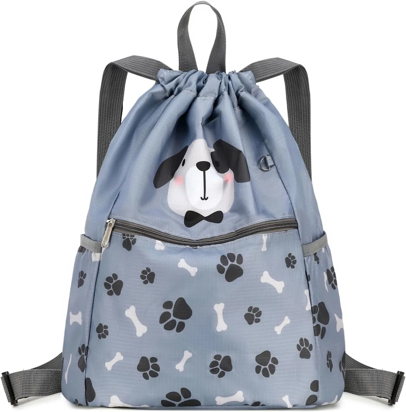 Children Boy Girl Dog Print Drawstring Backpack Outdoor Casaul Portable Shoulder Bag Swim Gymsack Sack Pack Grey