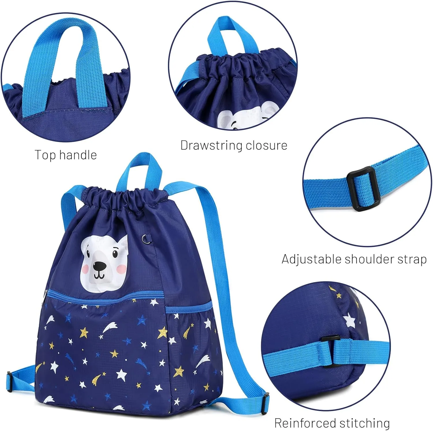 Children Boy Girl Dog Print Drawstring Backpack Outdoor Casaul Portable Shoulder Bag Swim Gymsack Sack Pack Grey