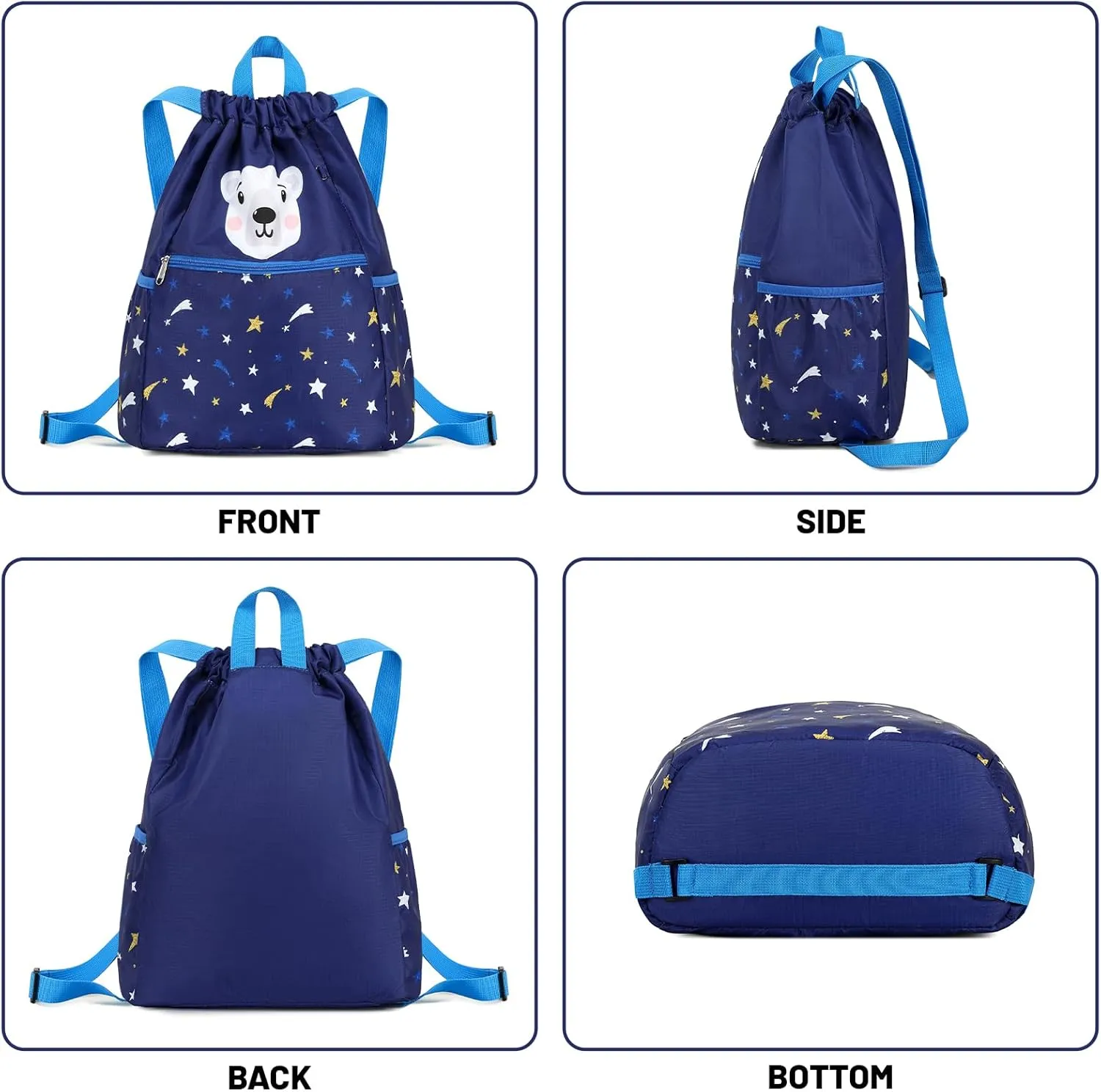 Children Boy Girl Dog Print Drawstring Backpack Outdoor Casaul Portable Shoulder Bag Swim Gymsack Sack Pack Grey