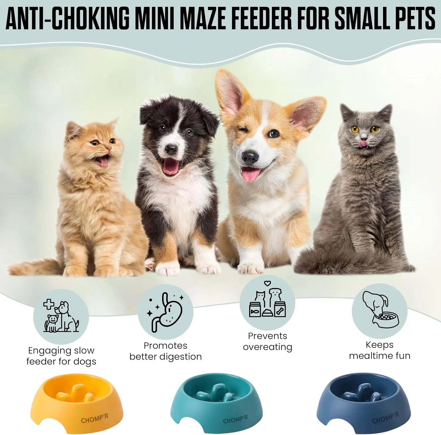 CHOMP'R Slow Feeder Dog Bowl for Small Breeds, Food Grade Interactive Puzzle Feeder, Non Slip Bowl to Slow Down Eating, Anti-Choking Mini Maze for Small Dogs Cats Puppies