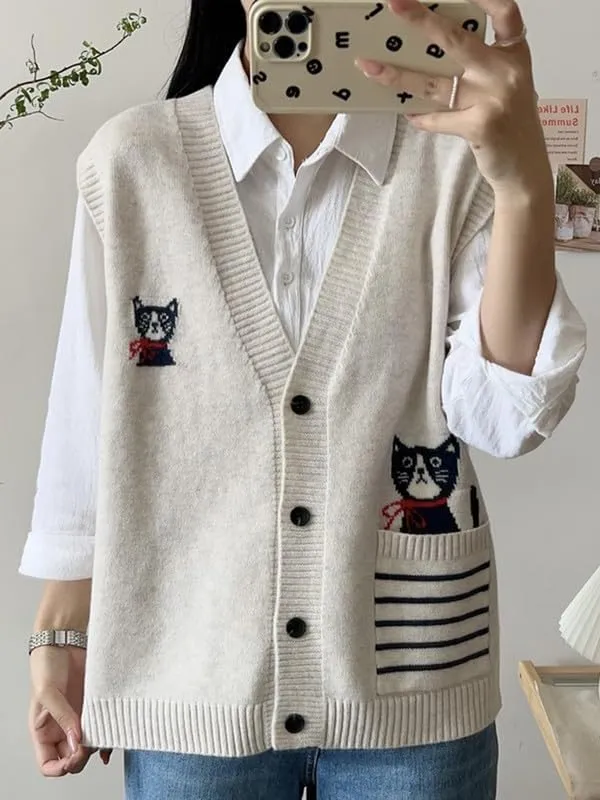 CORIRESHA Girl Cute Cat Rabbit Embroidered Sweater Vest Button Sleeveless Knit Cardigan