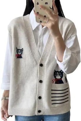 CORIRESHA Girl Cute Cat Rabbit Embroidered Sweater Vest Button Sleeveless Knit Cardigan
