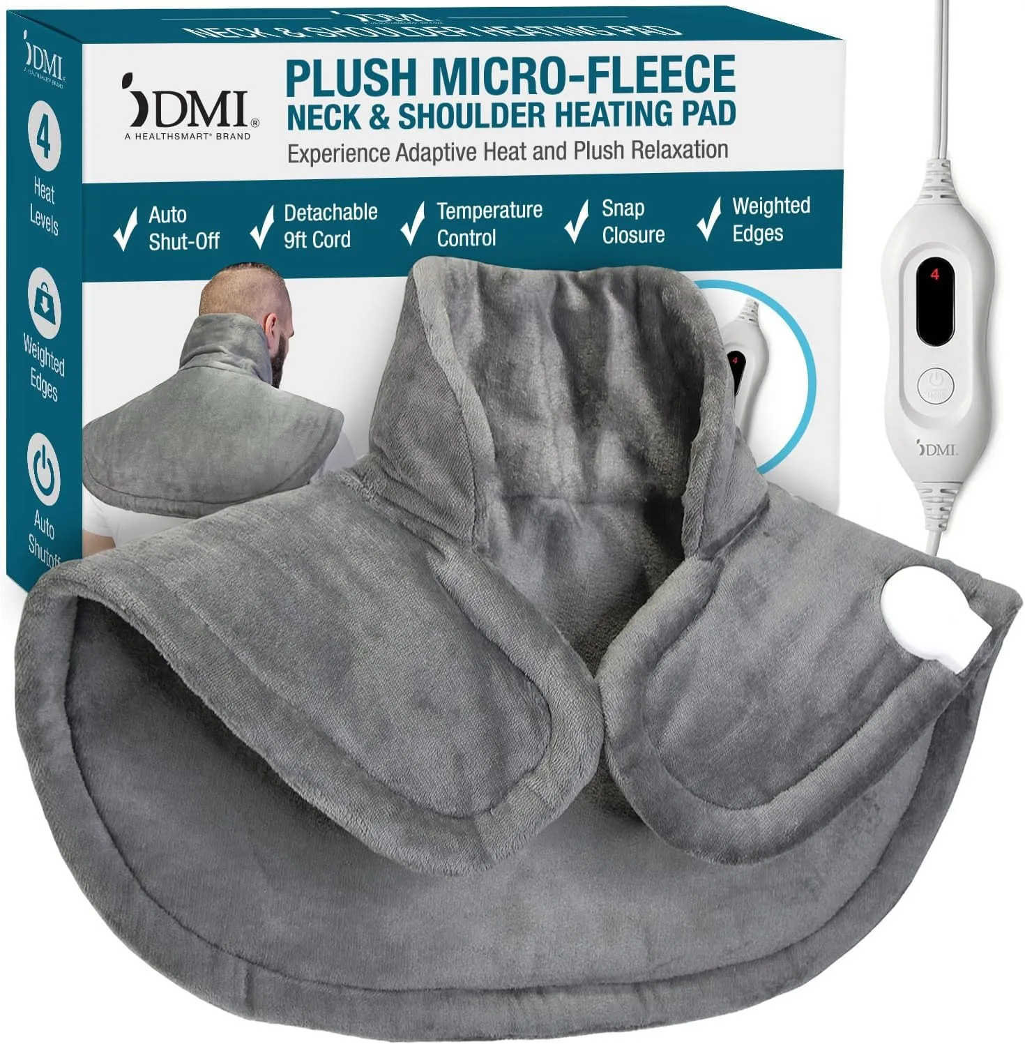 DMI Plush Micro-Fleece Weighted Heating Pad for Neck and Shoulders and Back (FSA/HSA) - 4 Heat Settings with Auto Shut-Off 9' Cord Electric Heat Pad | Soothe Stiff Muscles & Melt Away Stress