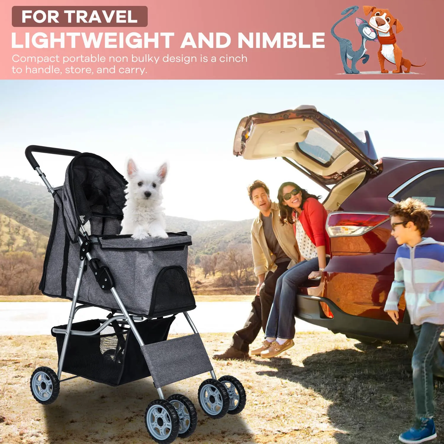 Dog Stroller, pet Stroller 4 Wheels Carrier Strolling Cart Waterproof Travel Folding Cart for Puppy Small-Medium Dog, Cat with Cup Holder, Locking Wheel Grey