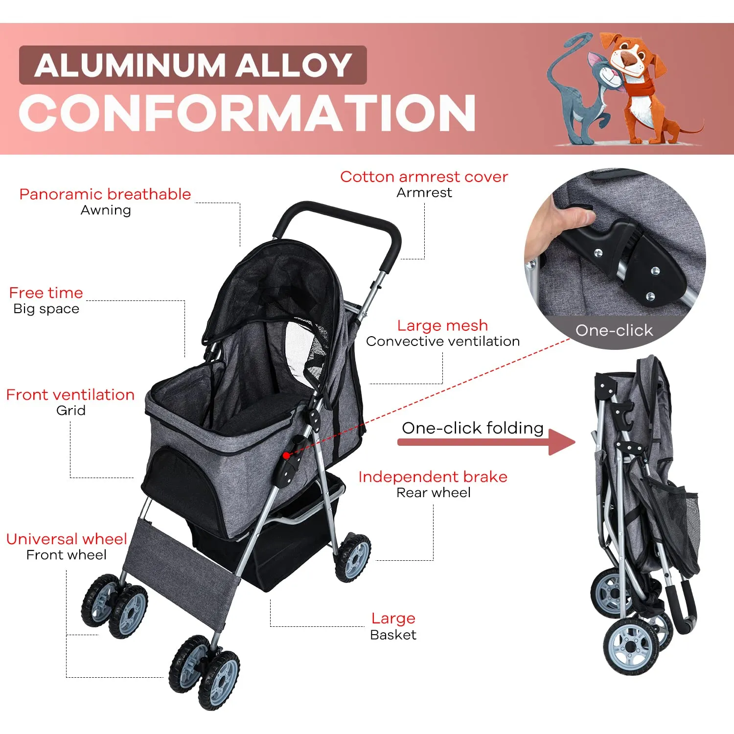 Dog Stroller, pet Stroller 4 Wheels Carrier Strolling Cart Waterproof Travel Folding Cart for Puppy Small-Medium Dog, Cat with Cup Holder, Locking Wheel Grey
