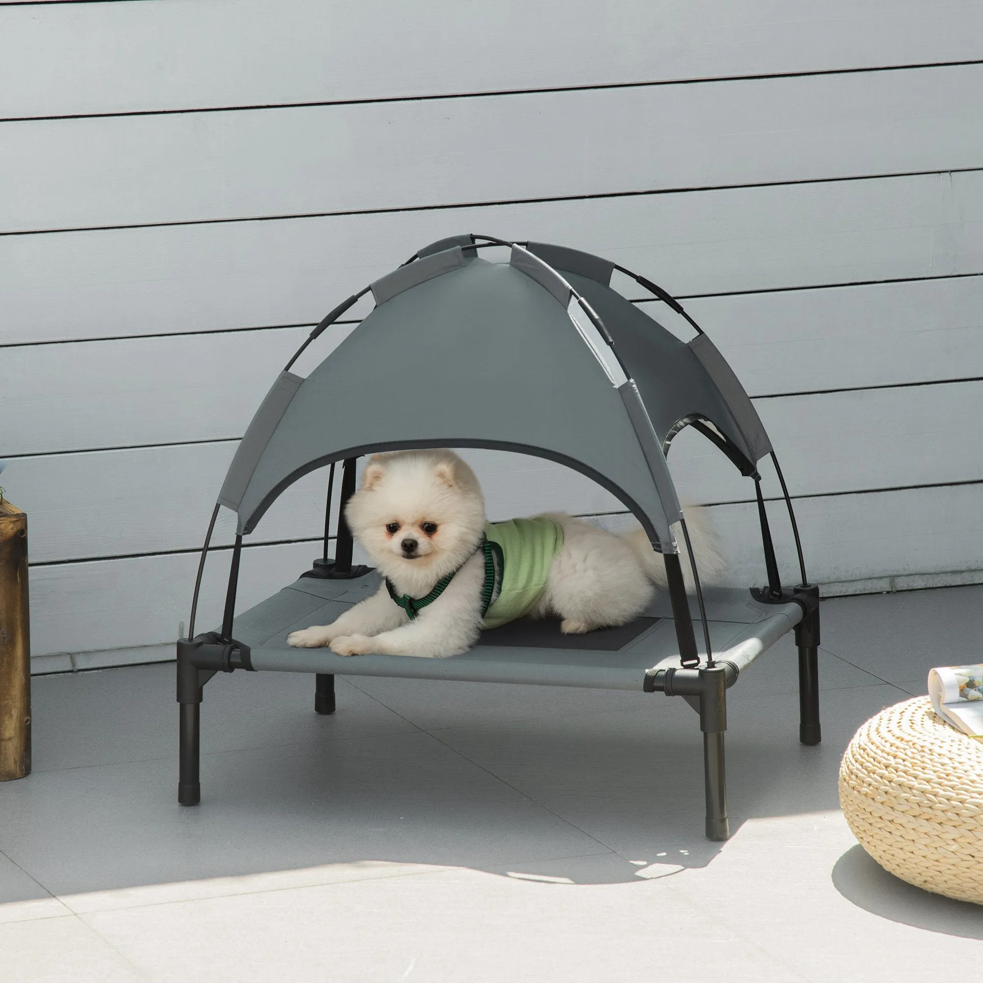Elevated Dog Bed Waterproof Elevated Pet Cot with Breathable Mesh UV Protection Canopy Grey for Small Dogs 61 x 46 x 62cm