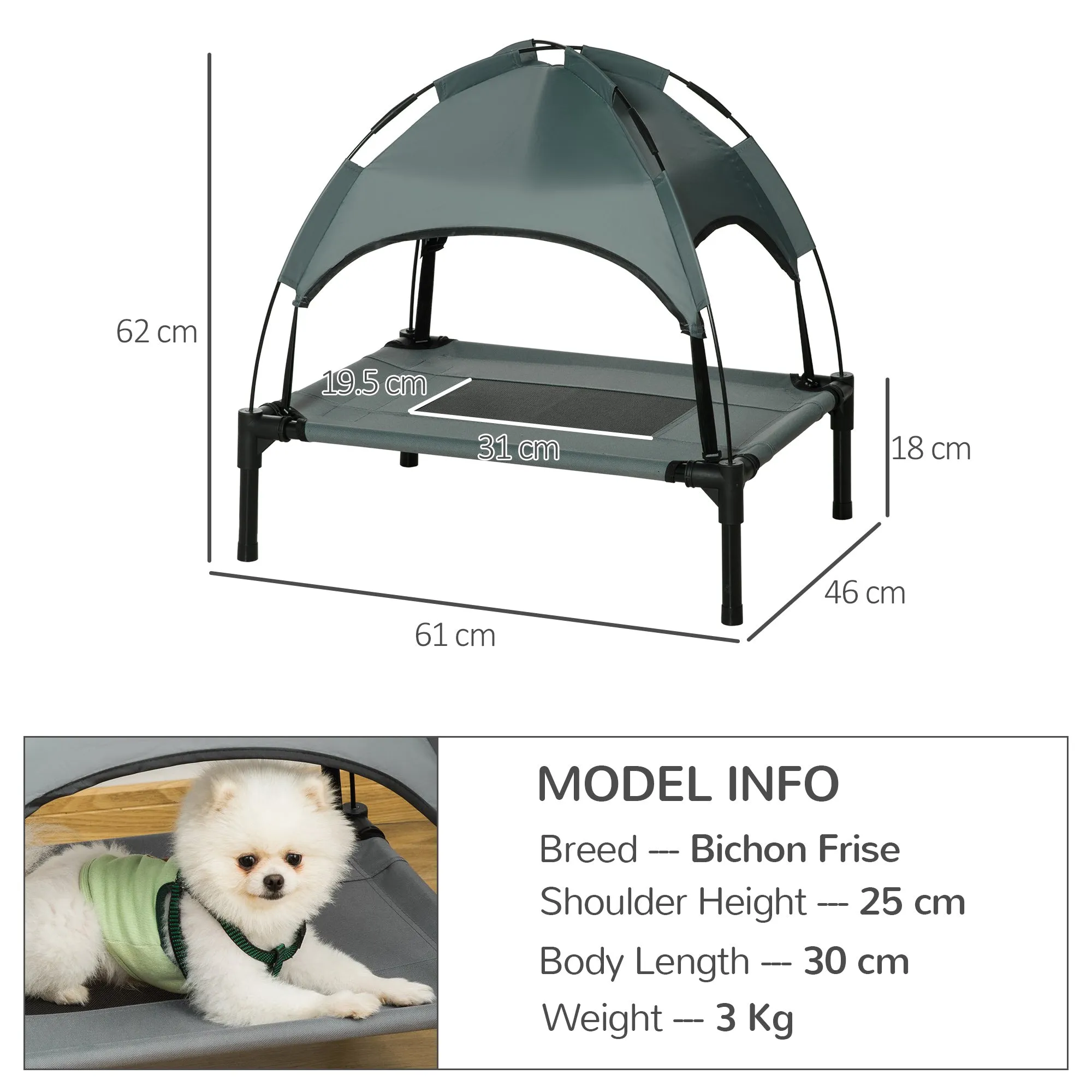 Elevated Dog Bed Waterproof Elevated Pet Cot with Breathable Mesh UV Protection Canopy Grey for Small Dogs 61 x 46 x 62cm