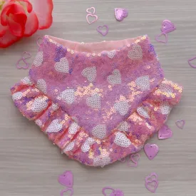 Fancy Pink Valentines Dog bandana with ruffles, Pink Hearts sequins