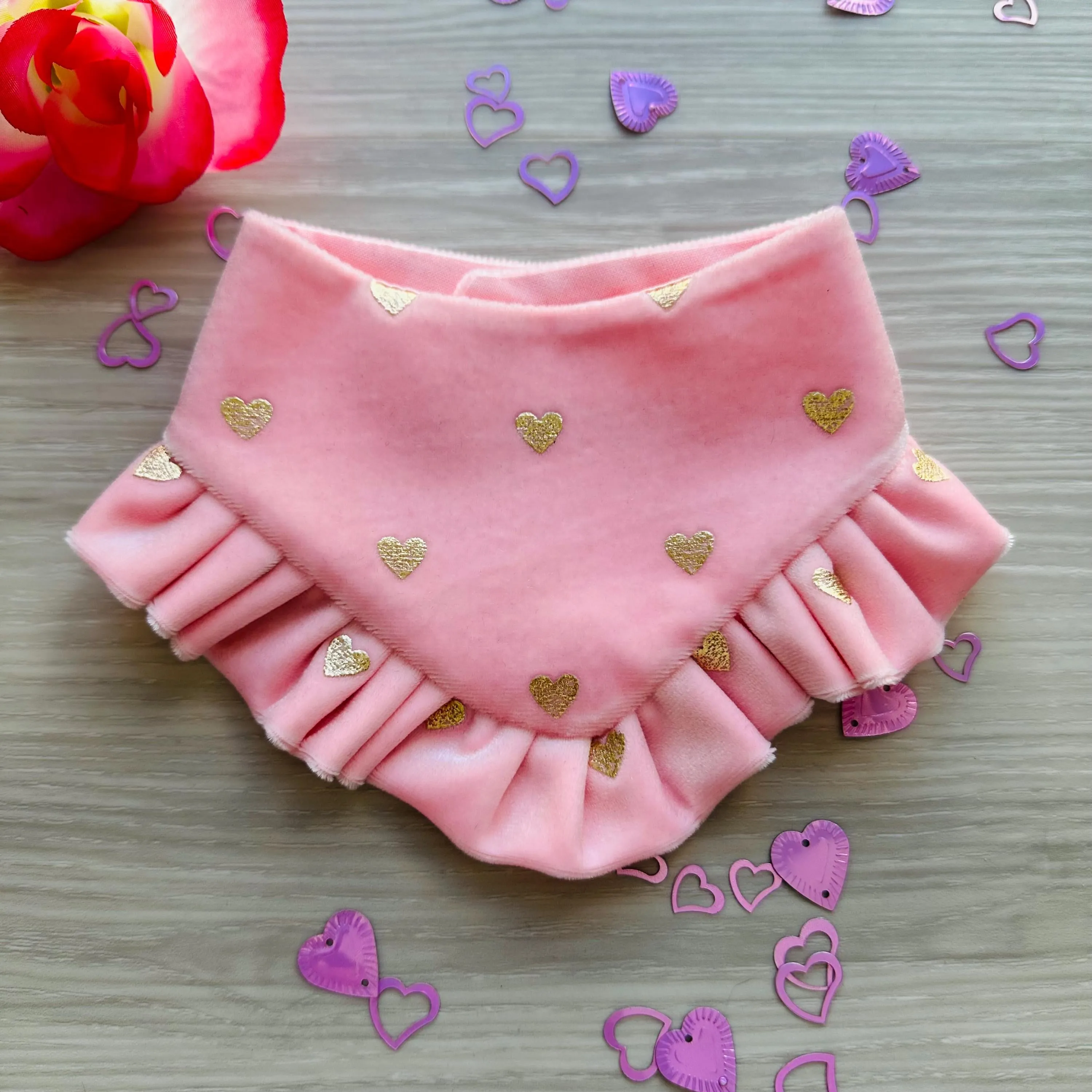 Fancy Pink Valentines Dog bandana with ruffles, Pink Velvet with gold hearts