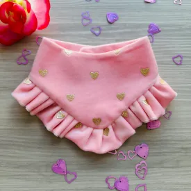 Fancy Pink Valentines Dog bandana with ruffles, Pink Velvet with gold hearts