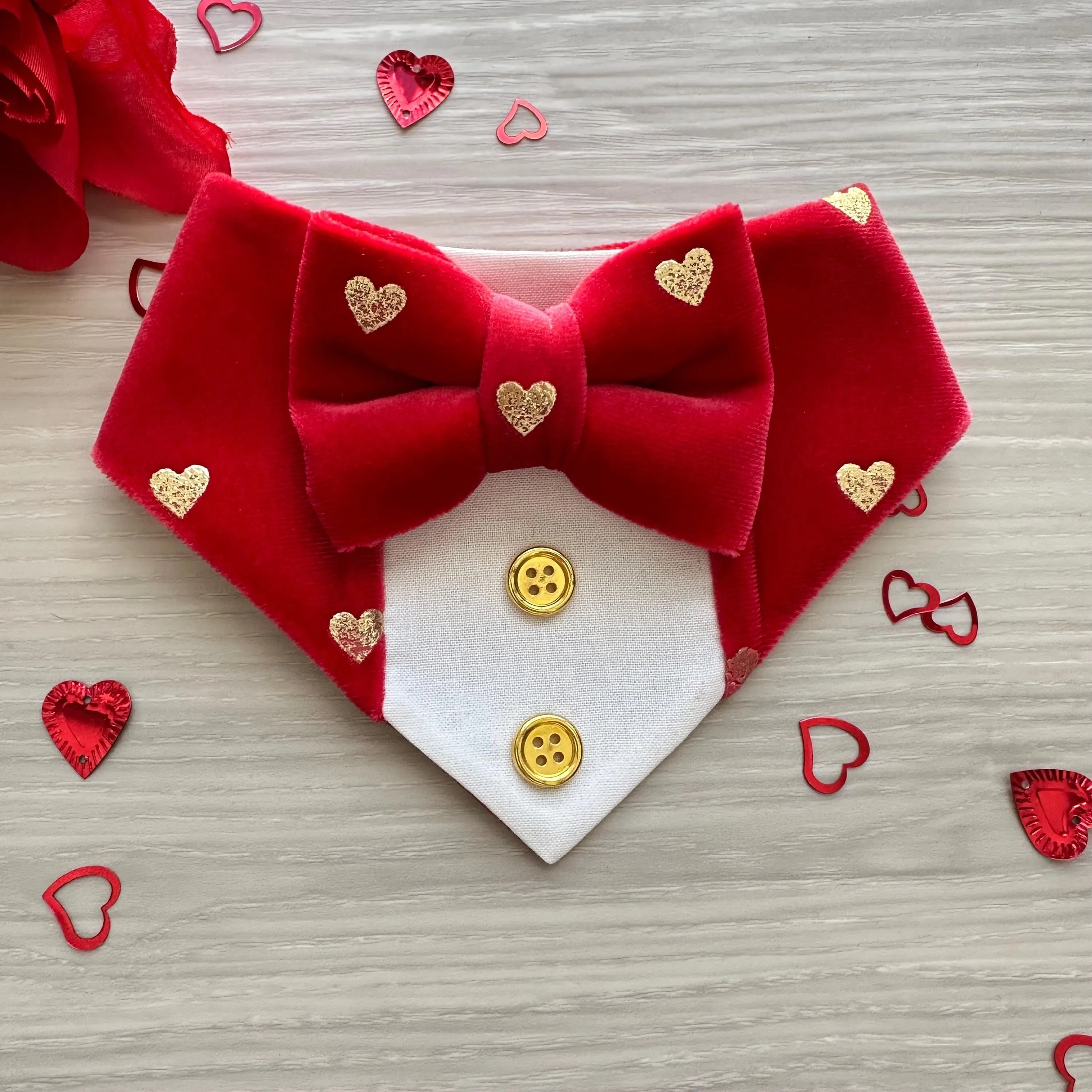 Fancy Valentines Dog Tuxedo, Pink Velvet and gold hearts