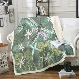 Feelyou Dragonfly Sherpa Blanket Twin 60x80 Inches Botanical Floral Fleece Throw Blanket for Kids Girls Teens Women Bedroom Decor Nature Animals Branches for Sofa Bed Couch Vintage Green