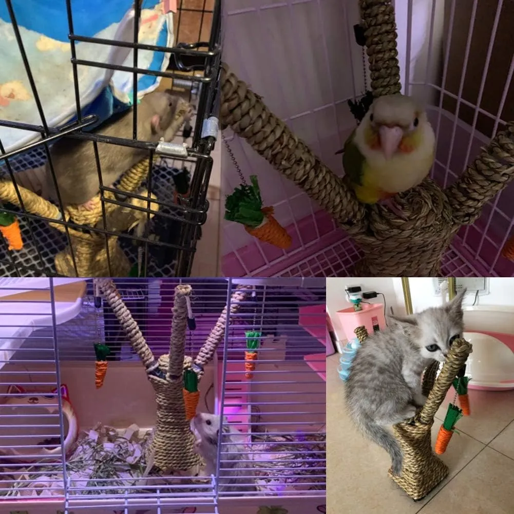 Hamiledyi Pet Rabbit Toy Tree Bunny Fun Chew Toy Rattan Grass Scratcher Climbing Tree Play Carrot Toy for Small Animal
