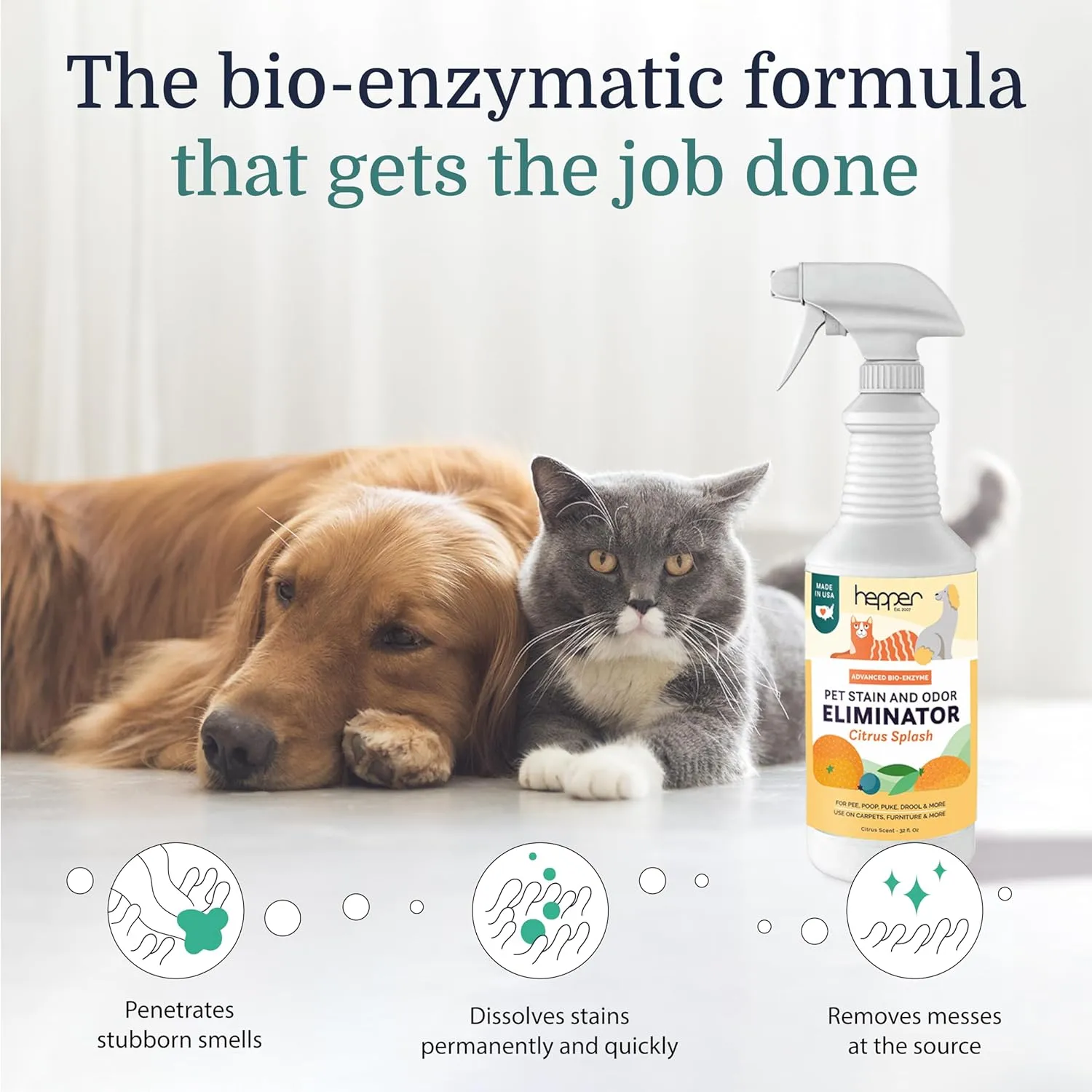 Hepper Advanced Bio-Enzyme Pet Stain & Odor Eliminator Spray - Smell, Stain & Urine Remover for Cats, Dogs & Other Animals - 32oz Spray Safe for the Home - Citrus Splash