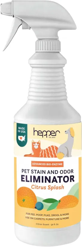 Hepper Advanced Bio-Enzyme Pet Stain & Odor Eliminator Spray - Smell, Stain & Urine Remover for Cats, Dogs & Other Animals - 32oz Spray Safe for the Home - Citrus Splash