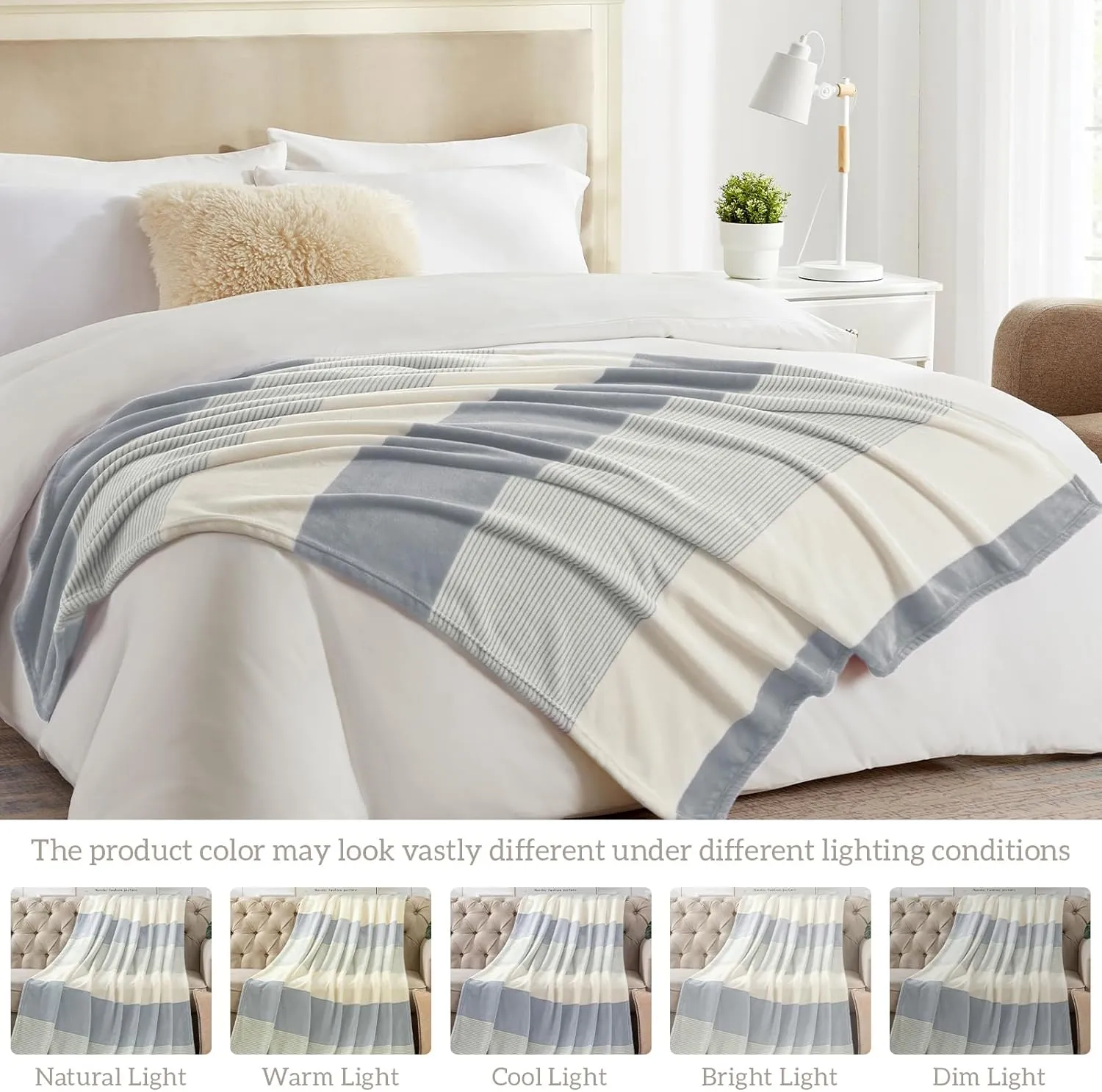 Homelike Moment Fleece Throw Blanket Twin Size, Grey Soft Fluffy Twin Blanket, Fuzzy Cozy Plush Flannel Blankets for Sofa, Comfy Warm Lightweight Twin Bed Blanket Striped (Light Gray, 60x80IN)