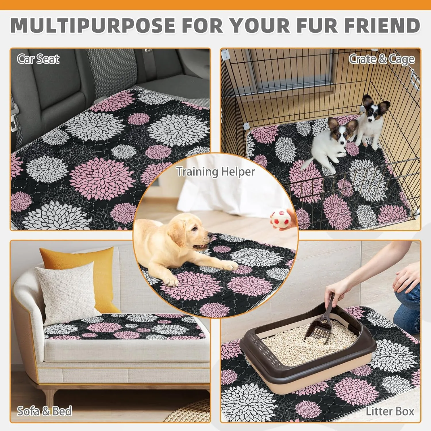 KOOLTAIL Washable Pee Pads for Dogs, 2 Pack Super Absorbent Reusable Puppy Training Pads Waterproof, Nonslip and Leak-Proof Dog Pee Pads, Large Pet Mats Whelping Pads for Floor, Crate, Couch, 36"x36"