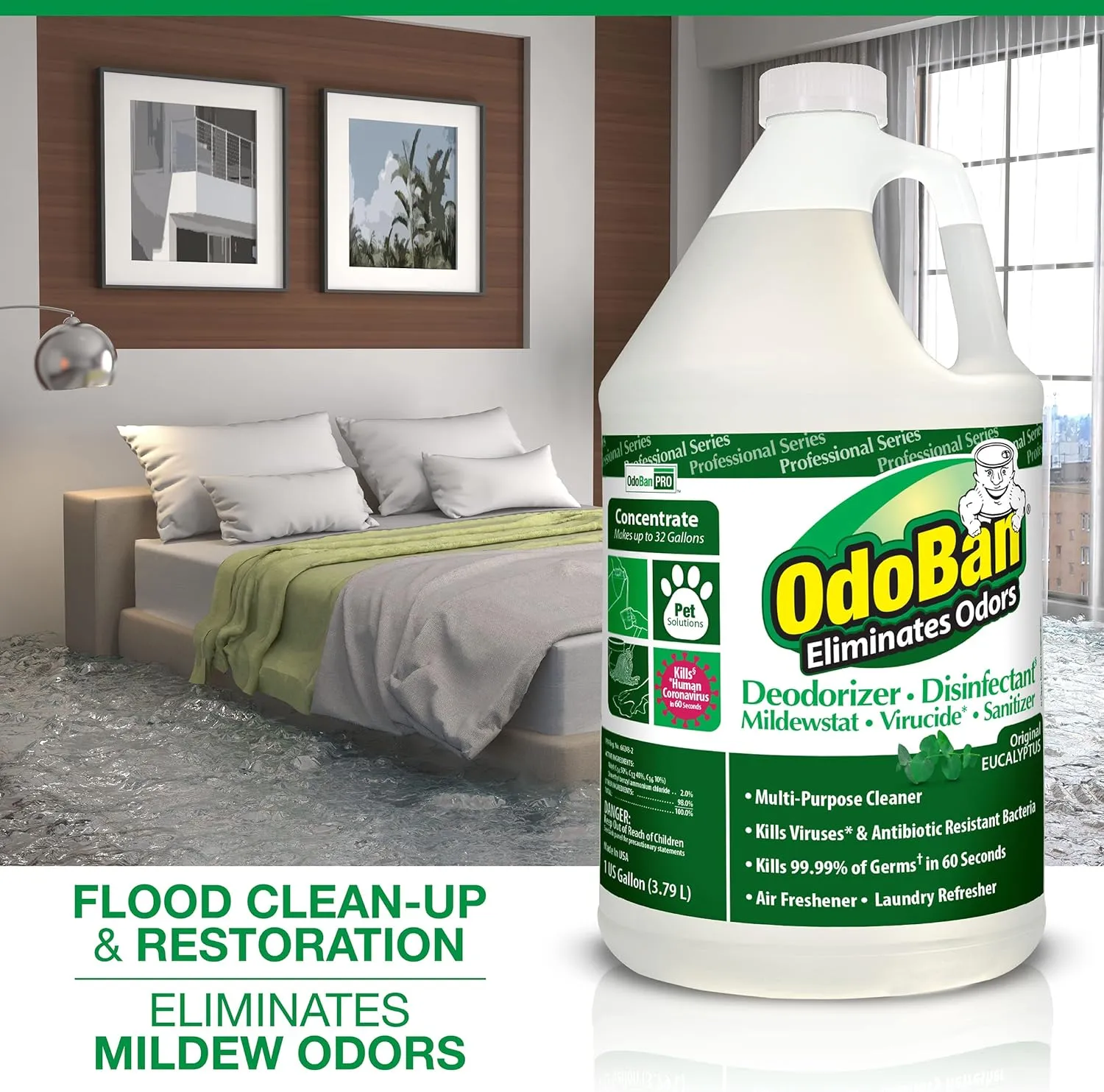 OdoBan Professional Disinfectant and Odor Eliminator Concentrate, 1 Gallon, Original Eucalyptus Scent