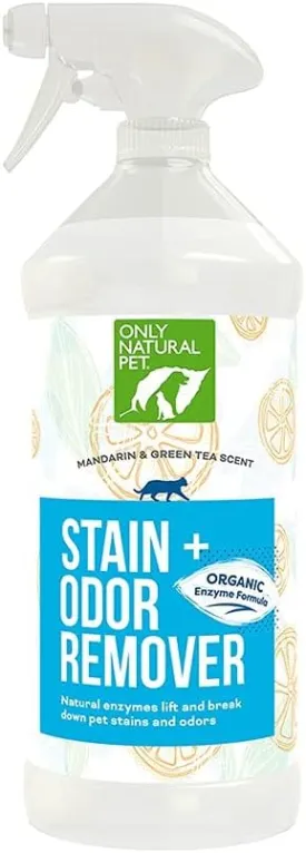 Only Natural Pet Enzyme Powered Stain & Odor Eliminator - Professional Pet Urine Pee Cleaner Deodorizer for Cats - Hardwood Floors Carpets Upholstery - Fresh Mandarin Orange & Green Tea Scent 32Floz