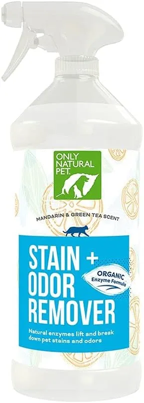 Only Natural Pet Enzyme Powered Stain & Odor Eliminator - Professional Pet Urine Pee Cleaner Deodorizer for Cats - Hardwood Floors Carpets Upholstery - Fresh Mandarin Orange & Green Tea Scent 32Floz