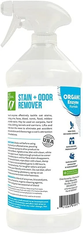 Only Natural Pet Enzyme Powered Stain & Odor Eliminator - Professional Pet Urine Pee Cleaner Deodorizer for Cats - Hardwood Floors Carpets Upholstery - Fresh Mandarin Orange & Green Tea Scent 32Floz