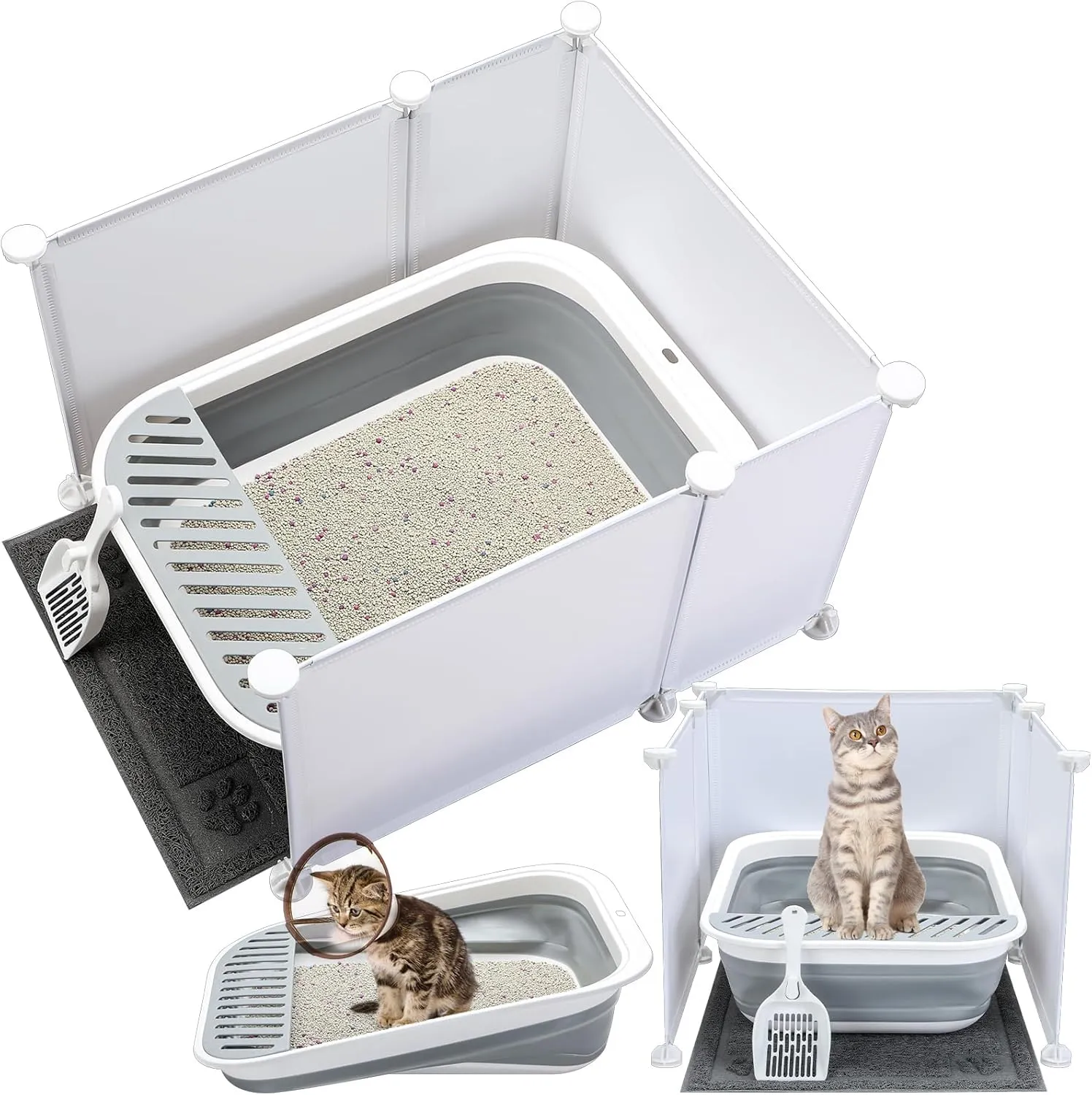 Paterr Large Collapsible Cat Litter Box Kit with Enclosure, Splash Guard, Mat, Scoop - Easy Clean for Arthritic Old Feeble Cat Kitten, Gray