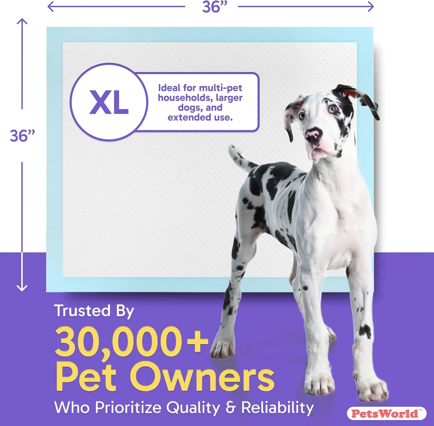PETSWORLD Giant Dog Potty Pads, Odor-Eliminating, 36" x 36" 25 Counts, Ultra Absorbent 5-Layer Leak-Proof Training Pads for Dogs & Cats