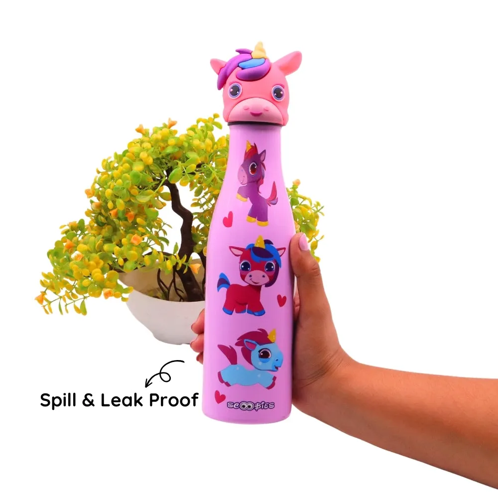 Scoobies Unicorn Head Stainless Steel Bottle | With Cute Unicorn Cap | Cute Unicorn Print