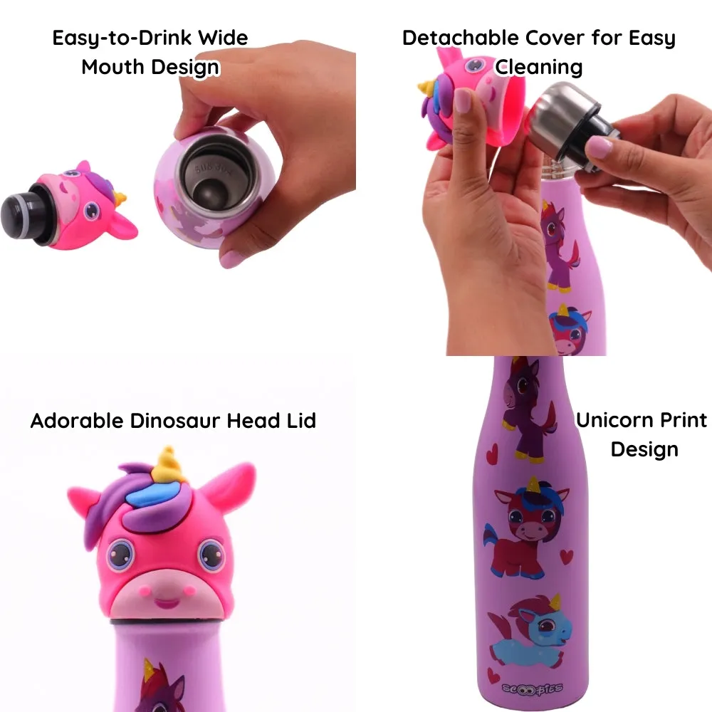 Scoobies Unicorn Head Stainless Steel Bottle | With Cute Unicorn Cap | Cute Unicorn Print