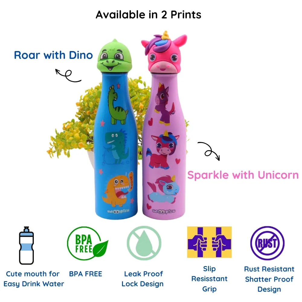 Scoobies Unicorn Head Stainless Steel Bottle | With Cute Unicorn Cap | Cute Unicorn Print