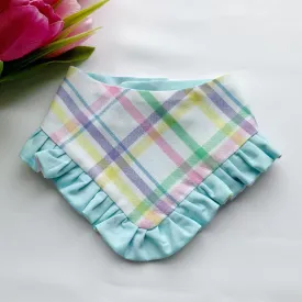 Spring Dog bandana with ruffles, Plaid blue