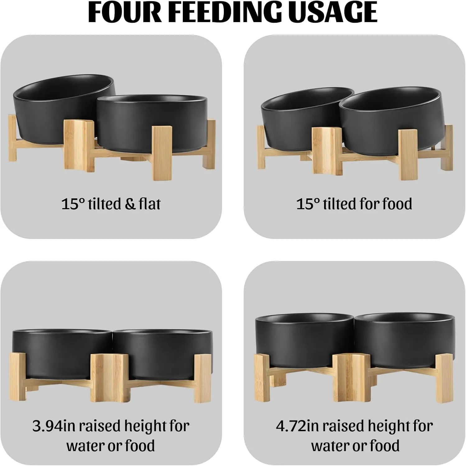 SPUNKYJUNKY 15 Slanted Ceramic Dog and Cat Bowl with Wooden Stand, Tilted Bulldog Food and Water Bowl No Slip Non-Spill for Cats Medium Dogs Big Face Pets 28.7 OZ (3.6 Cups, Black  2)