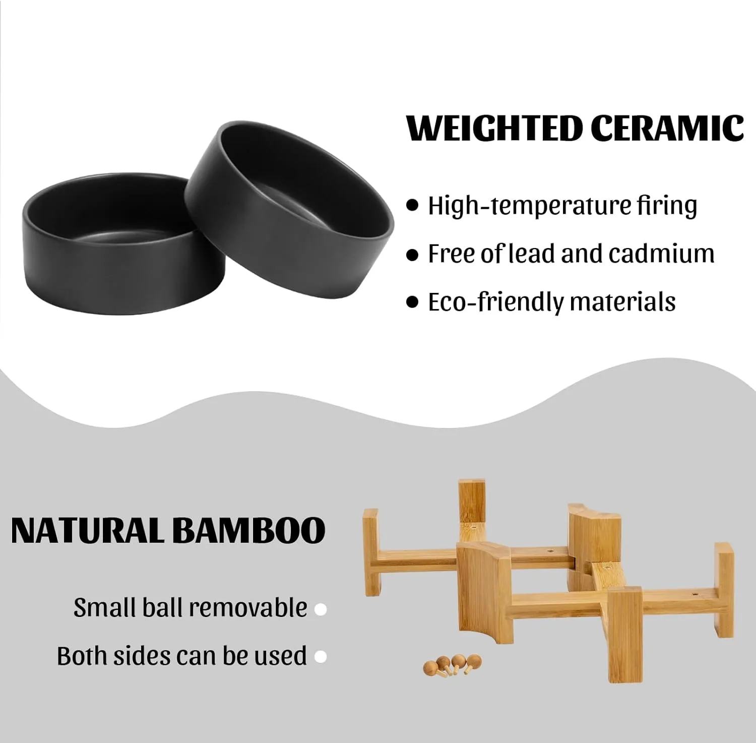 SPUNKYJUNKY 15 Slanted Ceramic Dog and Cat Bowl with Wooden Stand, Tilted Bulldog Food and Water Bowl No Slip Non-Spill for Cats Medium Dogs Big Face Pets 28.7 OZ (3.6 Cups, Black  2)